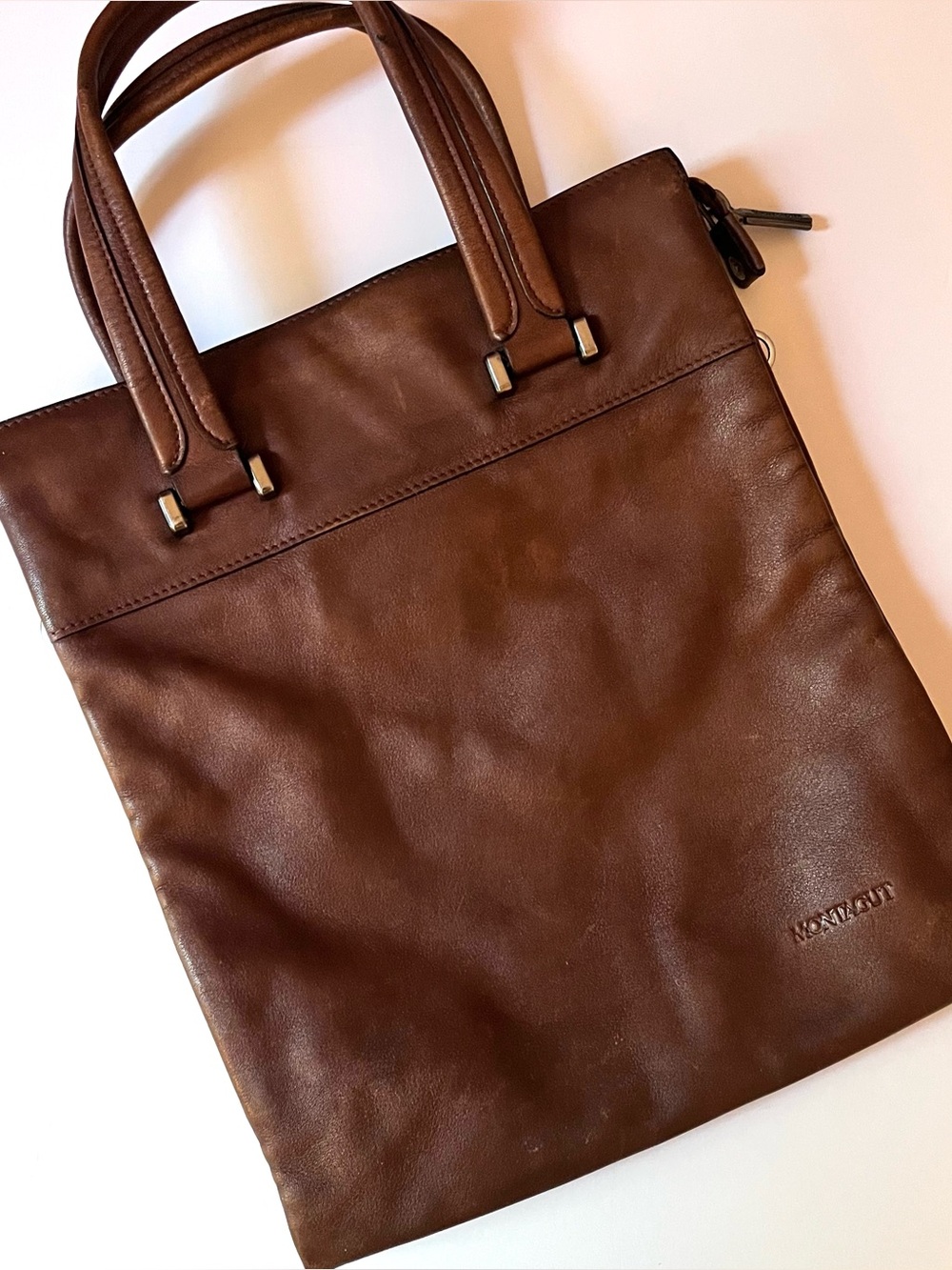 Vintage Montagut Paris Brown Leather Tote Bag Minimalist Laptop Shoulder Bag